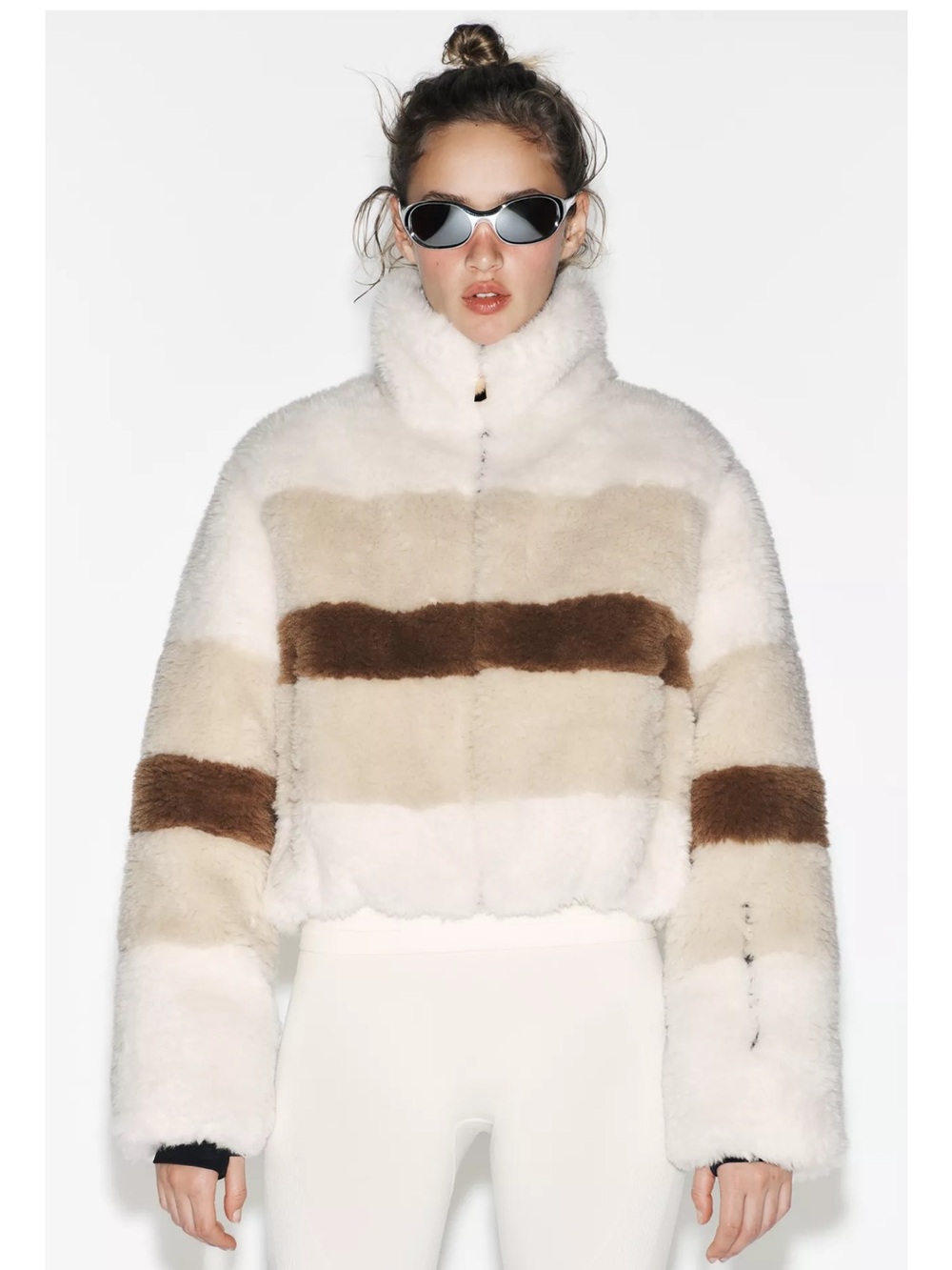 ZARA Striped Faux Fur Puffer Jacket - Cream & Brown